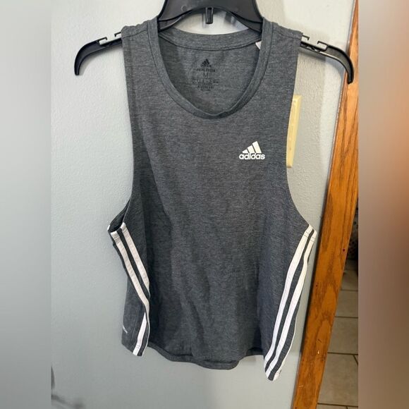 Adidas Classic Stripe Women's Sleeveless Tabk Top Size Medium Grey/White - Picture 2 of 7
